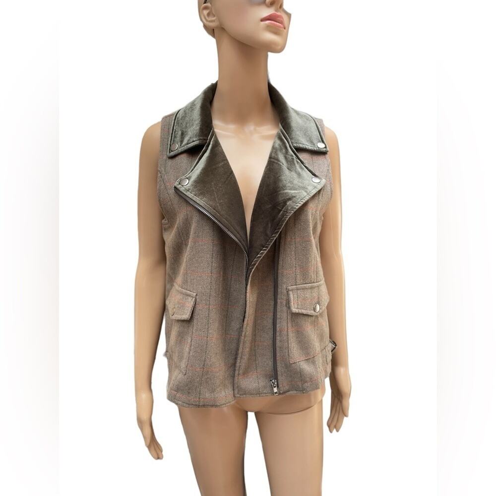 Hem & Thread Vest Medium Outdoor Fall Y2K Moto Tweed Zip Wool Blend Velour Brown